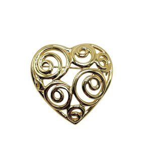 Gold Tone Heart Swirl Pin Brooch With Openwork Design Vintage